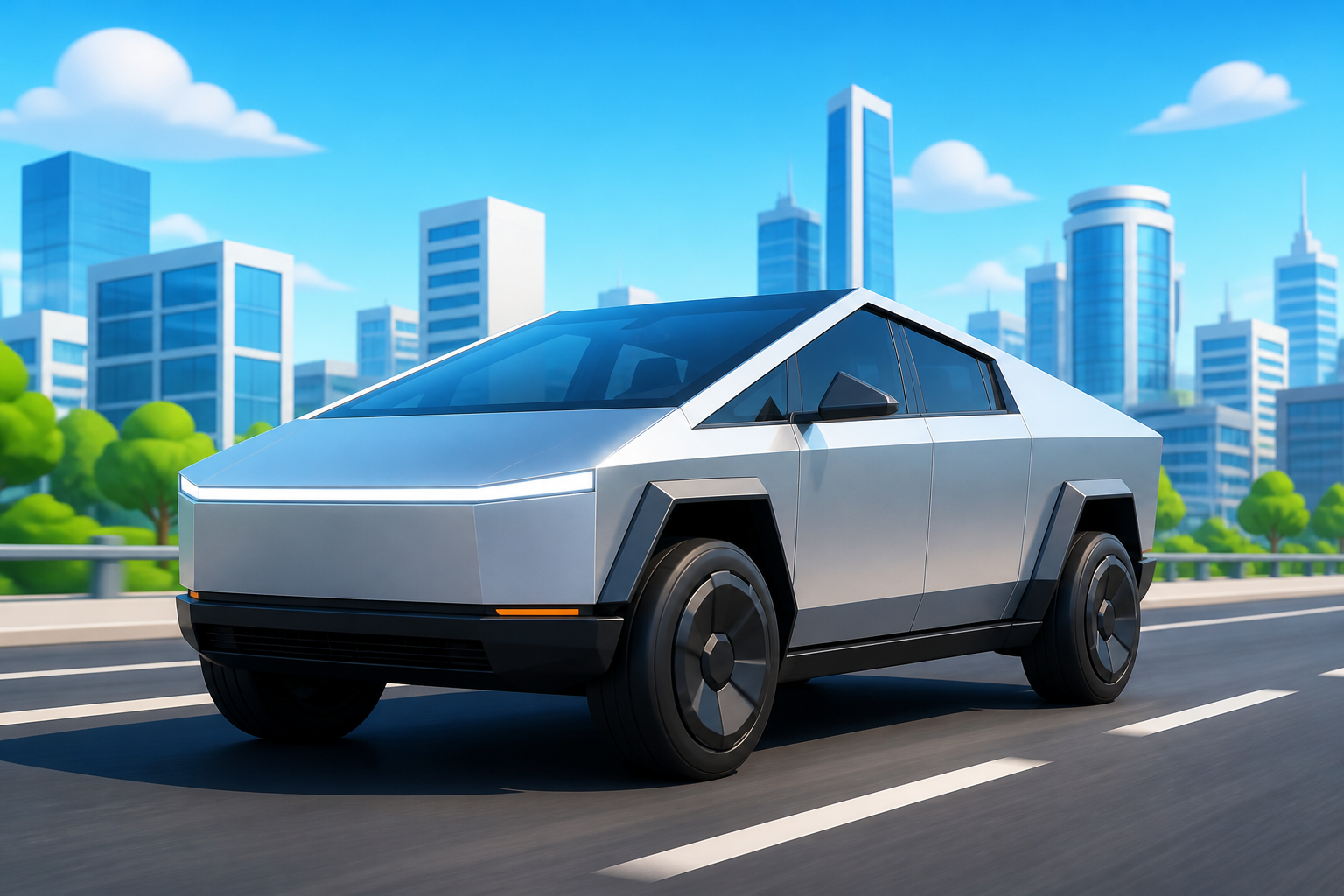 A futuristic yellow Cybertruck-style electric pickup