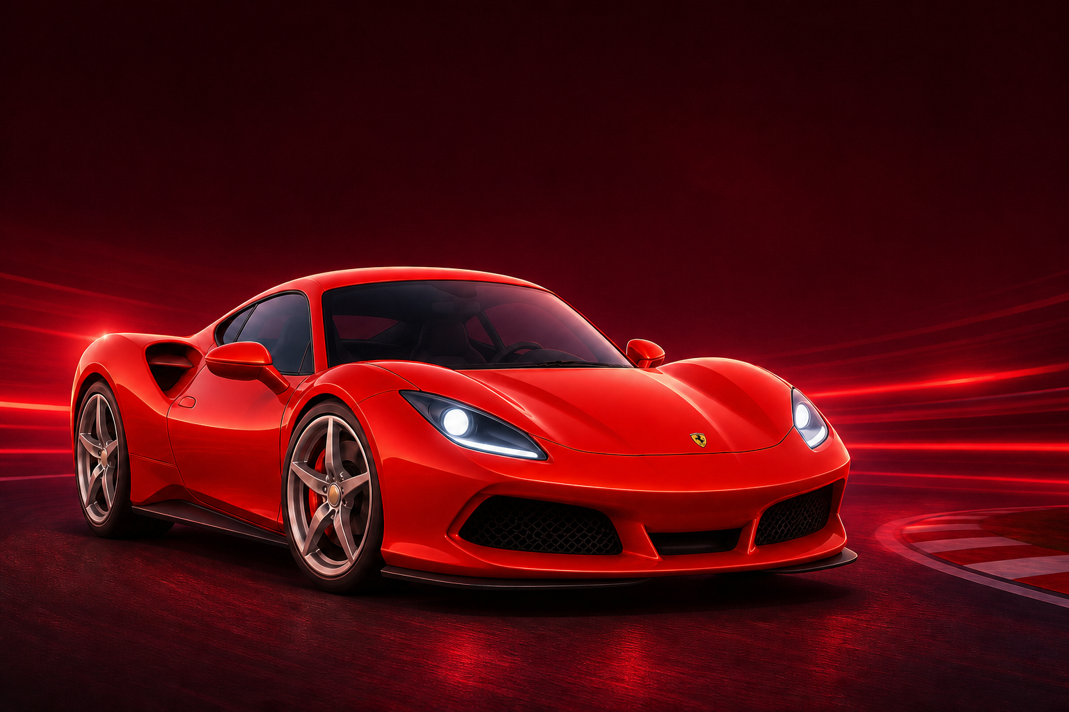 A bright red Ferrari-style supercar with a Ferrari badge on the hood