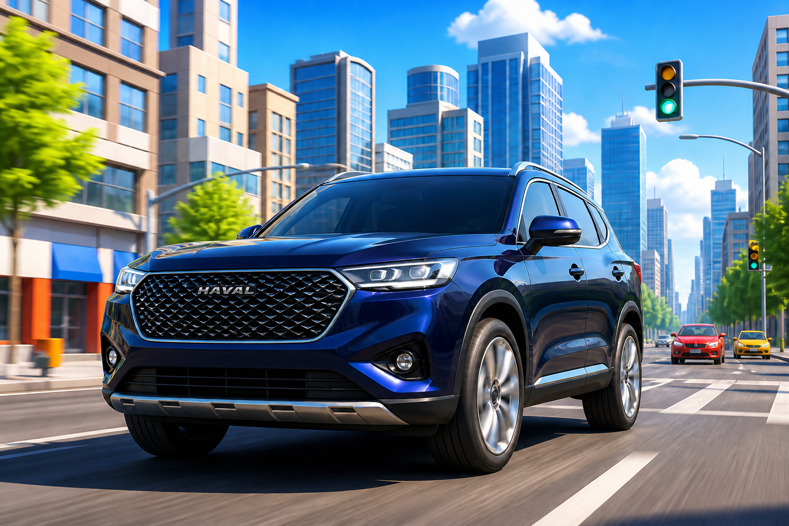 A dark-blue Haval H6-style SUV in a city with a Haval badge on its front grille